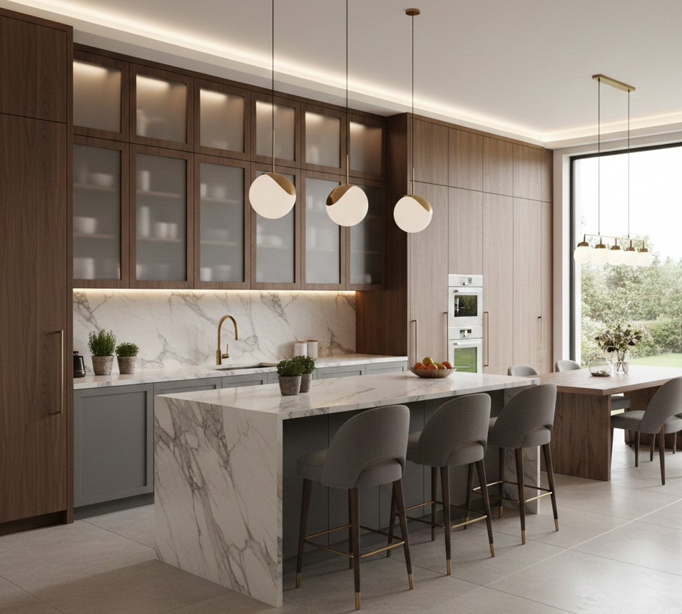 Трехуровневая кухня с антресолями: вверх, а не вширь