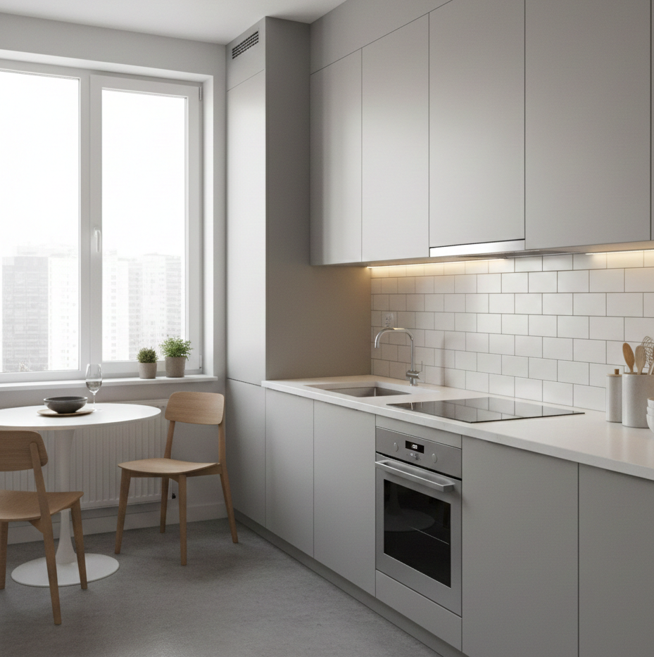 Трехуровневая кухня с антресолями: вверх, а не вширь